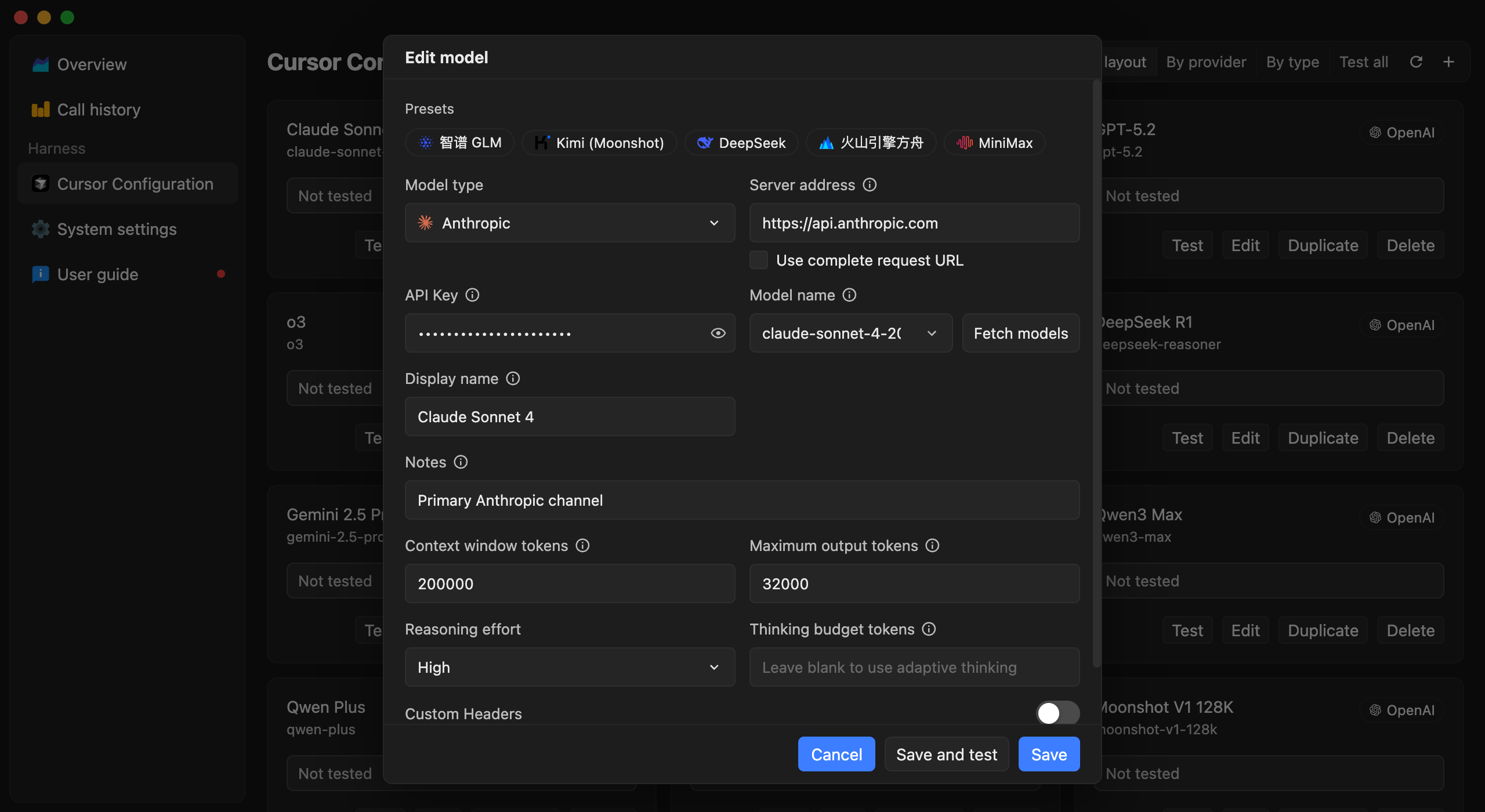 cursor-byok model settings